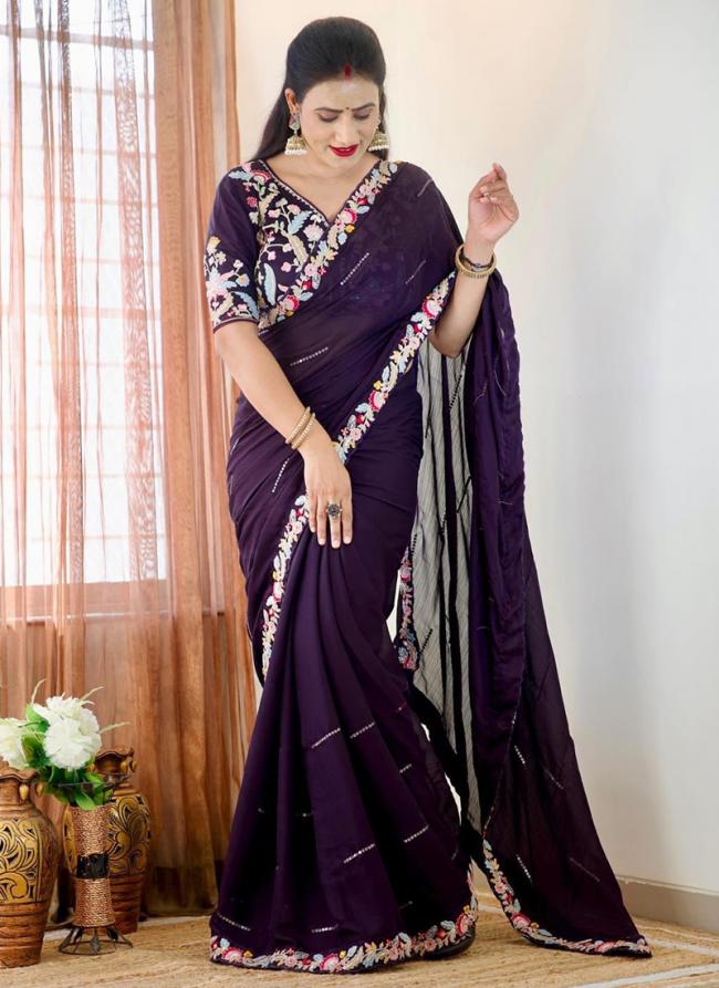 Chiffon Wine Party Wear Embroidery Work Saree